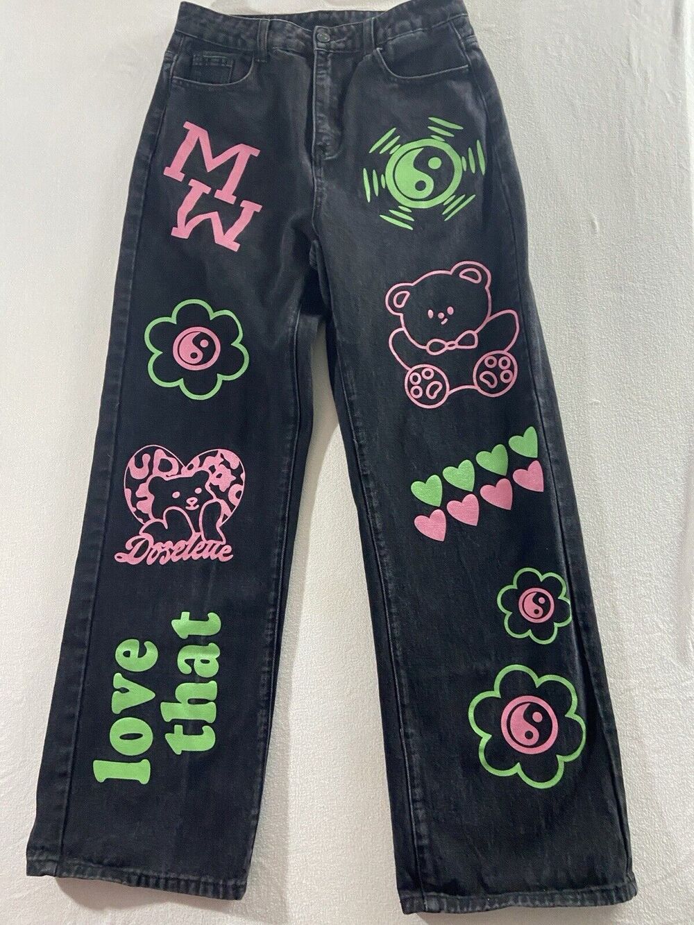 RUMWE Jeans Womens Large12-14 Black Graphic Print unique Gangsta Hip Hop Rare